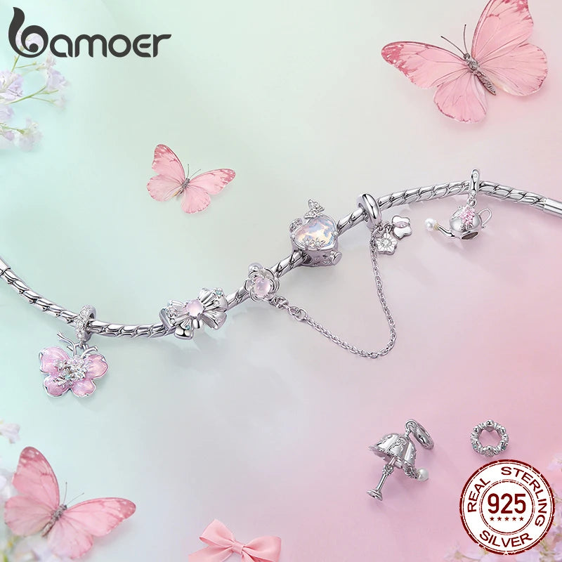 Bamoer 925 стерлингово сребро кристал розов пролетен чар цвете панделка дистанционер мъниста ретро висулка за жени DIY бижута романтичен подарък