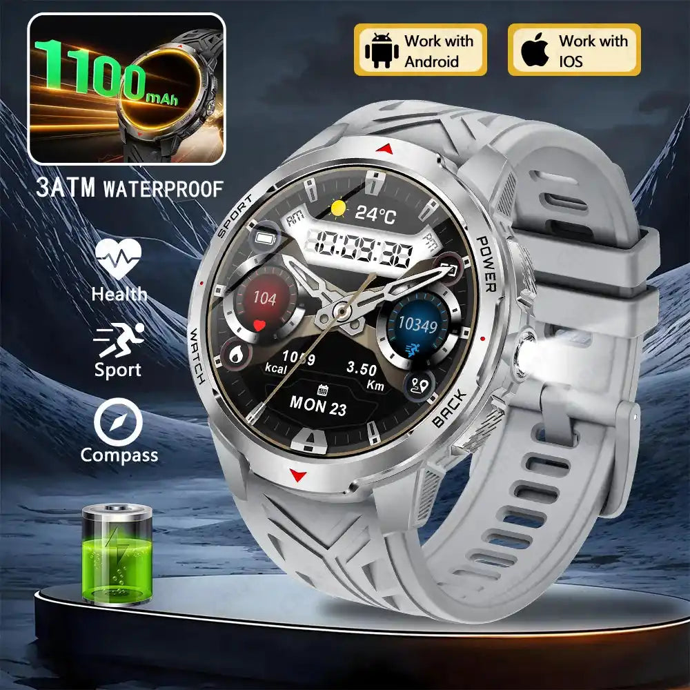 1100mAh военен смарт часовник за мъже на открито 1.7-инчов голям дисплей компас спортен часовник IP68 водоустойчив Bluetooth смарт часовник за обаждания