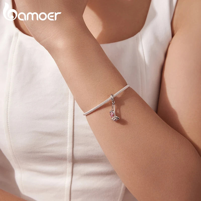 Bamoer 925 Стерлингово Сребро Подвижна Висулка с Цвете Овални Розови Мъниста за Жени Тийнейджъри Направи си сам Романтични Пролетни Бижута Подарък