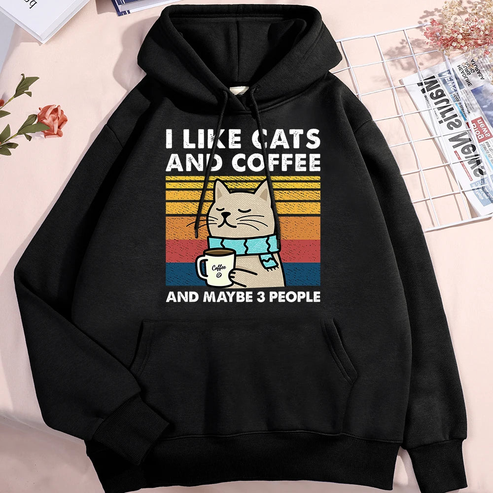 Харесвам котки и кафе суитчъри за мъже, жени, модни дрехи с кръгло деколте, свободни полар, нови суитчъри с качулки, уличен пуловер, мъжки суитчър