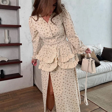 Дамски комплект от две части Clacive Fashion Loose Print 2025, елегантна риза с дълъг ръкав и висока талия, пола до глезена