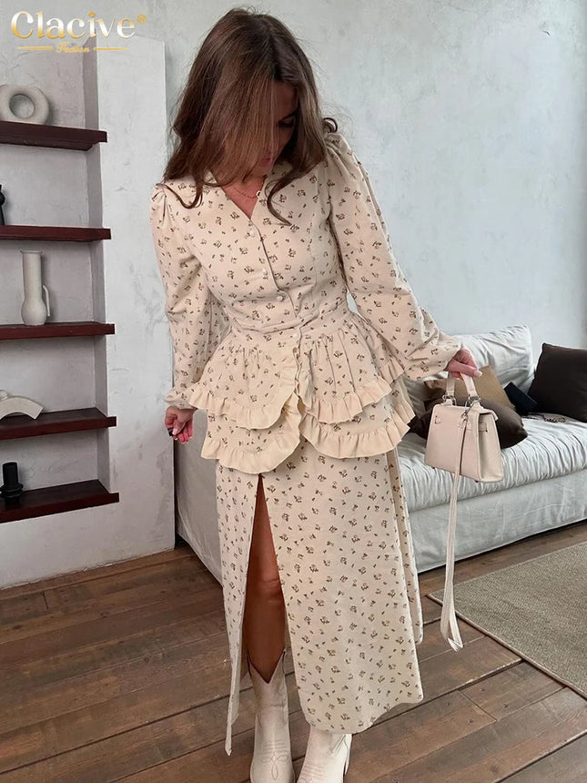 Дамски комплект от две части Clacive Fashion Loose Print 2025, елегантна риза с дълъг ръкав и висока талия, пола до глезена
