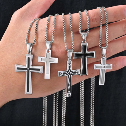 Основно пънк колие с кръст за мъже и момчета, висулка от неръждаема стомана сребърен цвят с кръст, християнски религиозен подарък за бижута