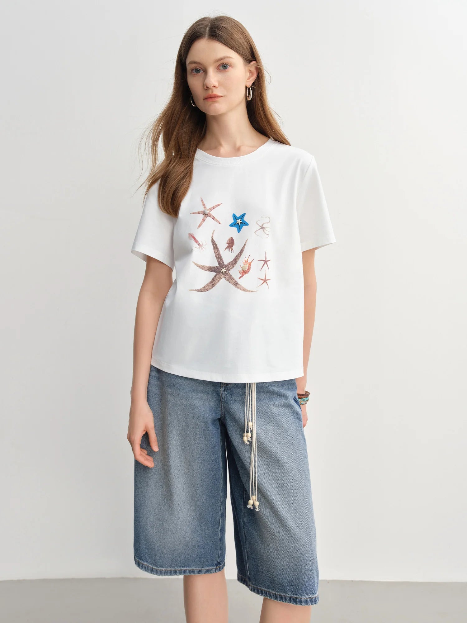 DUSHU Дамска тениска с морски елемент, декорирана с миди, 2025, ново пристигане, моден, универсален, тънък, ежедневен топ