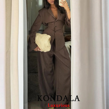 KONDALA Офис Дамски Шик Кафяви Костюми V Деколте Раирани Свободни Блейзъри Висока Талия Широки Панталони Модни Есенни Ежедневни Дамски Костюми
