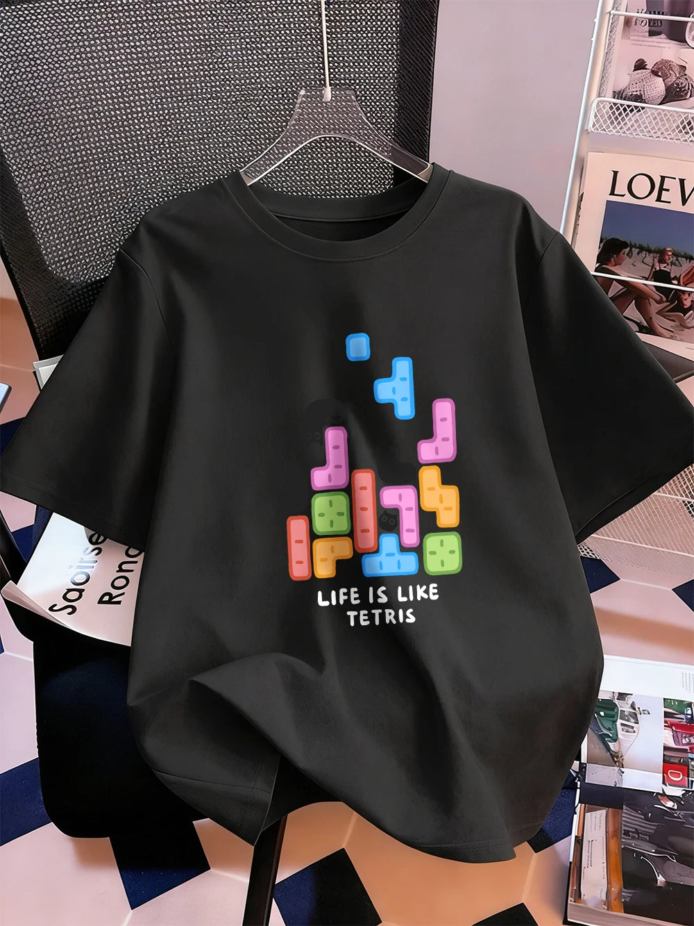 Животът е като тениска с щампа на тетрис, дамска памучна лятна тениска с къс ръкав, широка мека тениска с О-образно деколте, ежедневни дамски дрехи
