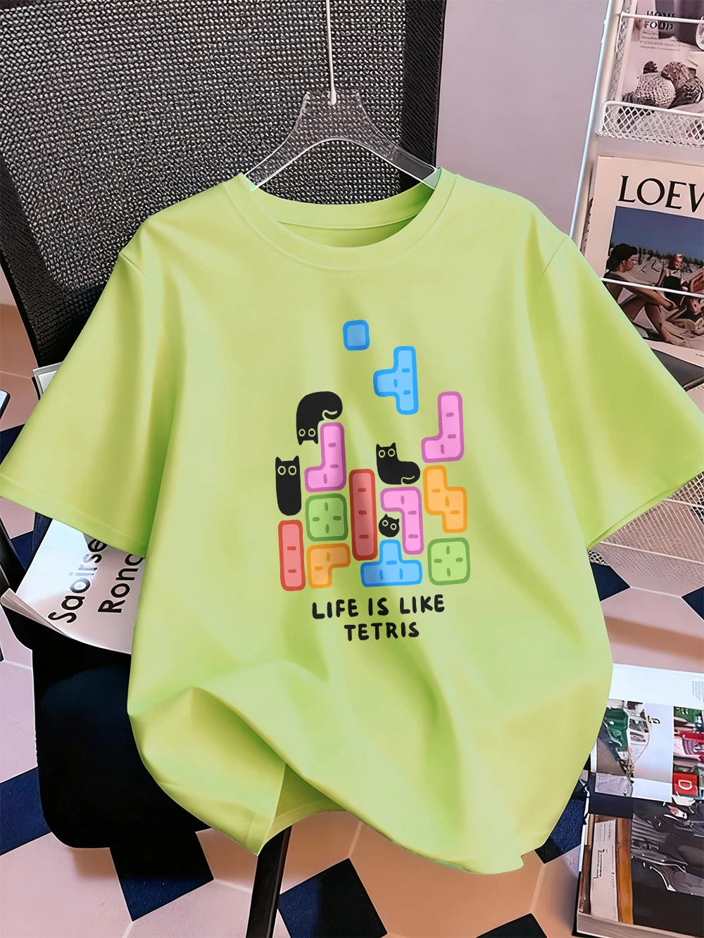 Животът е като тениска с щампа на тетрис, дамска памучна лятна тениска с къс ръкав, широка мека тениска с О-образно деколте, ежедневни дамски дрехи