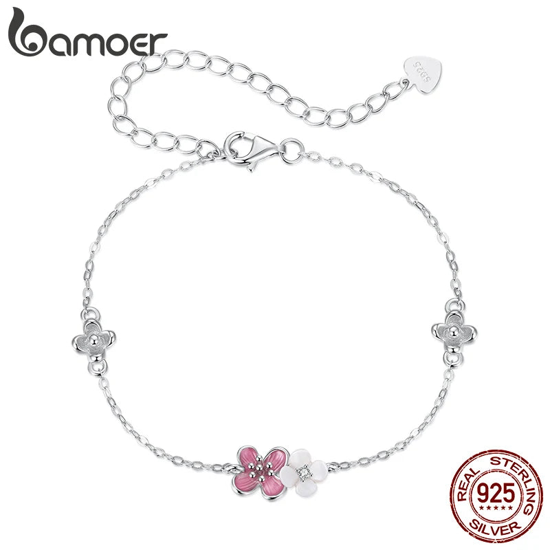 Bamoer Стерлингово сребро 925, гривна с миди и цвете, емайлирана розова регулируема верижка за жени, тийнейджъри, декор, подарък за рожден ден