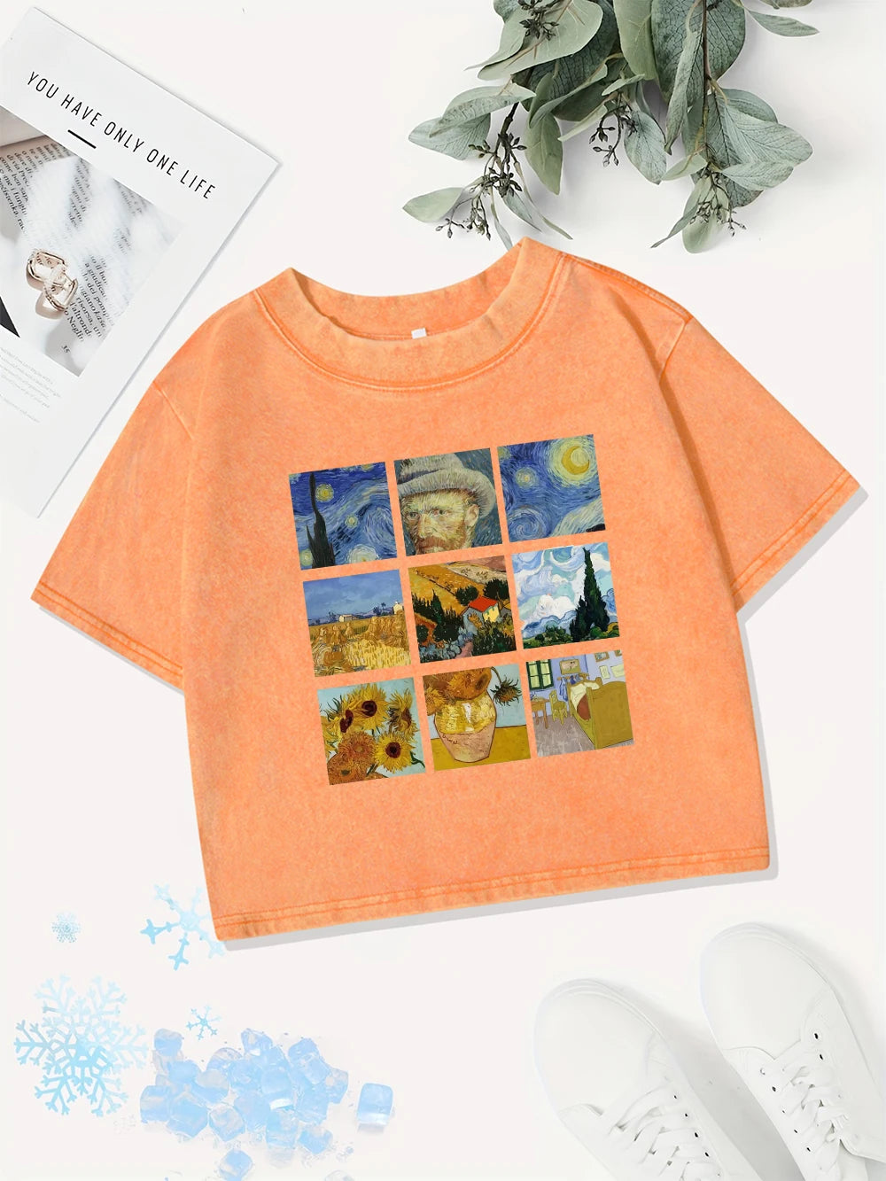 Памучни къси топове за жени, тениска с щампи на Ван Гог „Звездна нощ“, слънчогледи и щампи, изпрана, Y2K O-образно деколте, нормална кройка, летни дрехи