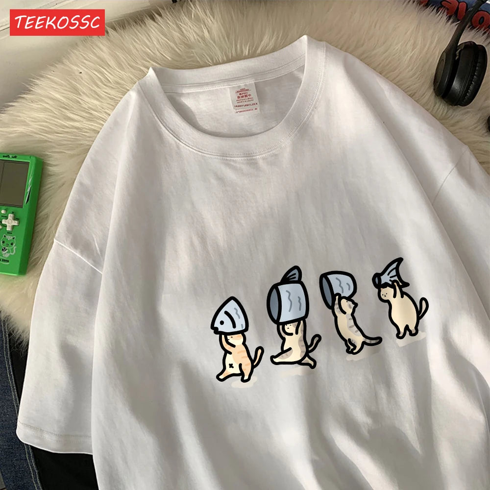 Четири малки котки, държащи рибен памук, дамски тениски с анимационни принтове, меки тениски с О-образно деколте, широки топове с къс ръкав, летни дрехи
