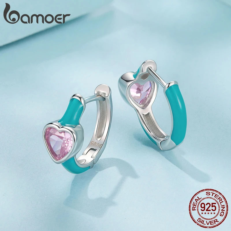 Bamoer 925 стерлингово сребро розов циркон изявление закопчалки за уши емайлирани зелени Huggies обеци халки за жени тийнейджъри ярки бижута