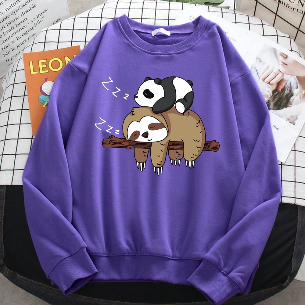 Прости дамски суитчъри с панда, лежаща на ленивец, щамповани качулки с качулка, удобни изцяло математически пуловери с куфар и широка яка