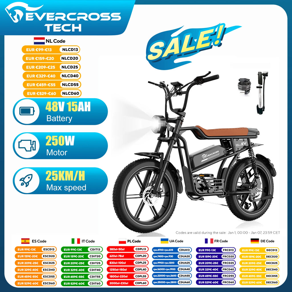EVERCROSS TECH EK30 Електрически велосипед за възрастни, електрическа кола, гуми 20"x4.0, мотор 250W, скорост 25 км/ч, автономия 100 км