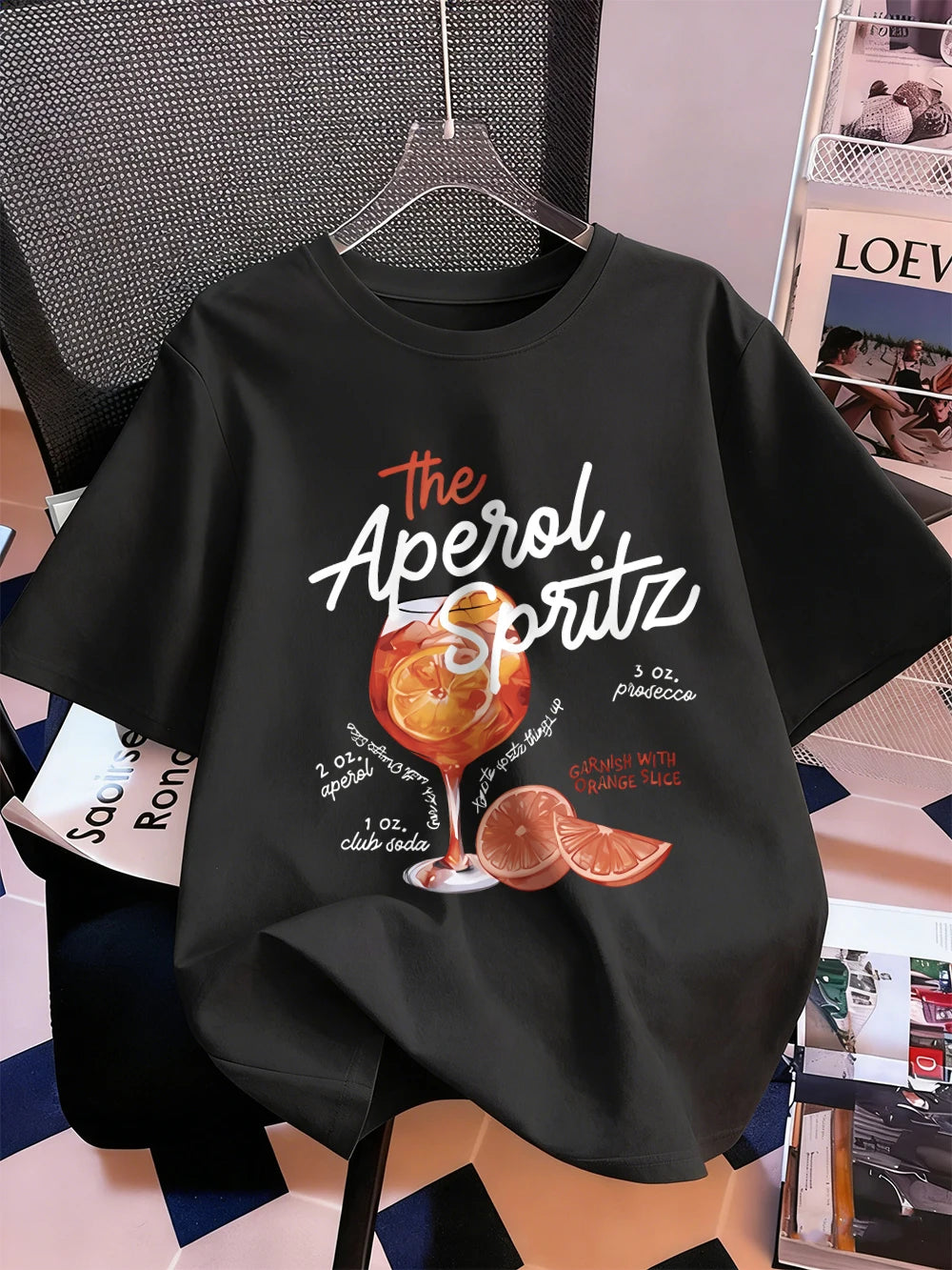 Тениска с щампи на Aperol Spritz с лимон, дамски памучен летен топ с къс ръкав, удобна широка тениска с О-образно деколте, спортни дрехи