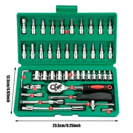 46 бр. Family Tools Комплект инструменти за механик 1/4 за авторемонт с вложки Метричен шестостенен комплект вложки, инчов тресчотка