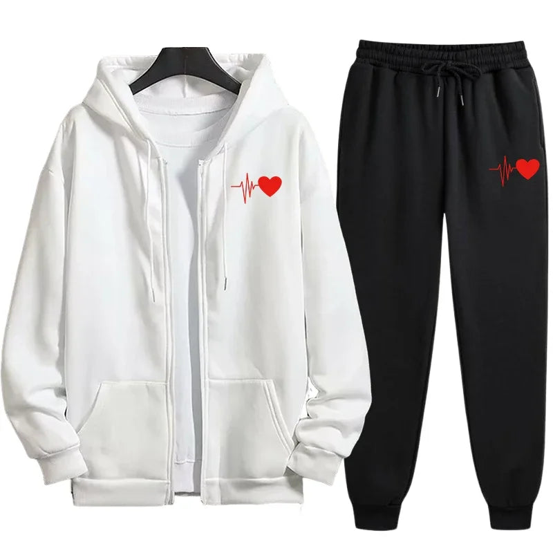 Дамски есенно-зимен комплект анцуг с червен принт на сърце, ежедневен спортен суичър с качулка и цип и джогинг панталон, градска модна блуза