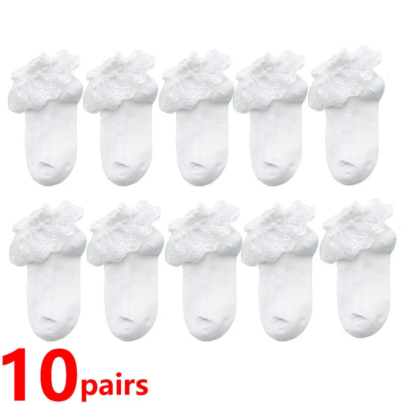 10/20 чифта/партия Детски чорапи за момичета, дантелени, с волани, принцеса, мрежести, детски къси, дишащи, памучни, бели, розови, за малки деца