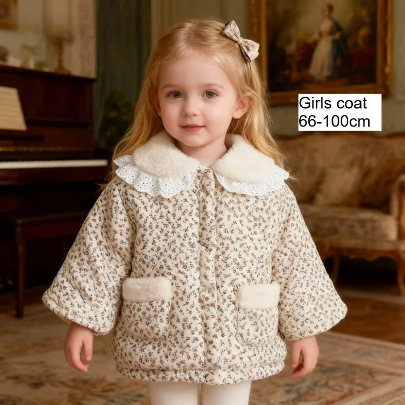 Модни зимни дрехи за бебета за момичета, яке с дебела дантелена яка с агнешко принт, топло флорално яке за малко дете, бебешко връхно облекло от памук 0-3 години