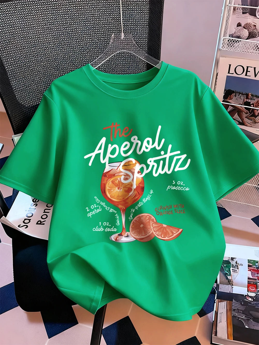 Тениска с щампи на Aperol Spritz с лимон, дамски памучен летен топ с къс ръкав, удобна широка тениска с О-образно деколте, спортни дрехи