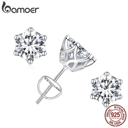 Класически обеци BAMOER с моасанит, сребро S925, 6 зъба, цвят D, кръгло шлифовано, лабораторно създадени диаманти, сватбени обеци от 18k злато
