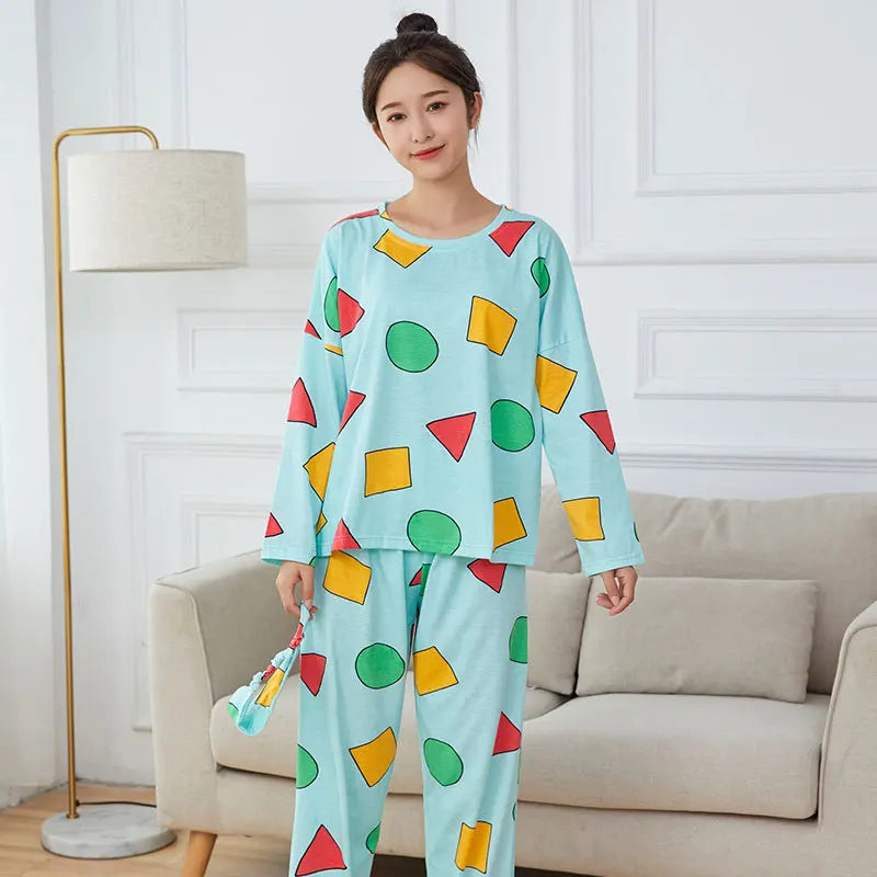 Комплект памучни есенни панталони с дълъг ръкав, японски пижами за двойки