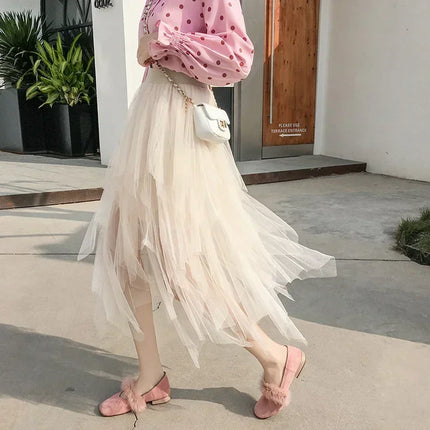 Лятна туту дамска пола Harajuku ежедневна тюл долна част Jupe Femme Faldas модна висока талия Midi мрежеста поли дамско облекло Saia
