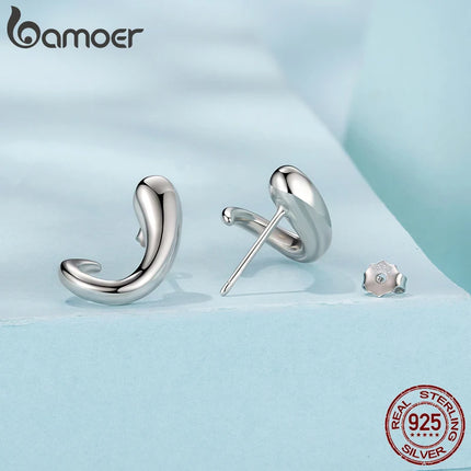 Сребърни обеци BAMOER 925, лъскави, с форма на капка, хипоалергенни, с кука, запетая, за жени, минималистичен метален подарък