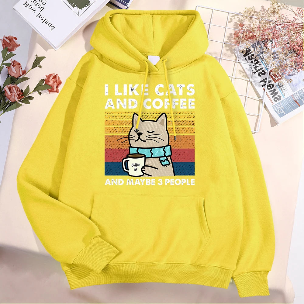 Харесвам котки и кафе суитчъри за мъже, жени, модни дрехи с кръгло деколте, свободни полар, нови суитчъри с качулки, уличен пуловер, мъжки суитчър