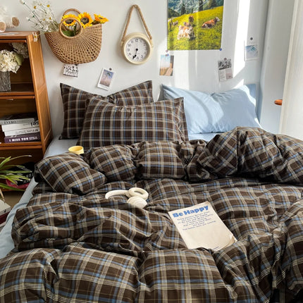Комплект спално бельо MissDeer Ins Ambiance Blue Coffee Grid, смесен с пран памук, минималистичен комплект от четири части, с прилепнали чаршафи, калъф за завивка