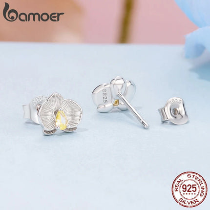 BAMOER Плътни обеци с фаленопсис от сребро 925 за жени, тийнейджъри, хипоалергенни, сладки, изящни обеци с цвете