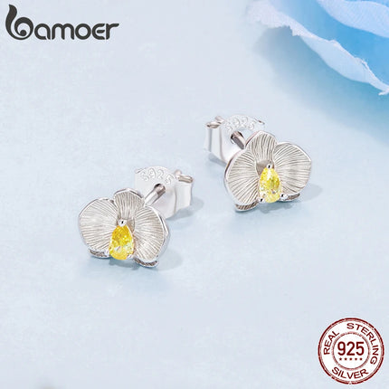 BAMOER Плътни обеци с фаленопсис от сребро 925 за жени, тийнейджъри, хипоалергенни, сладки, изящни обеци с цвете