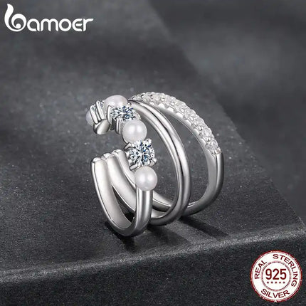BAMOER Моно 3-слойна щипка за ухо с моисанит, сладководна перла 925 стерлингово сребро, за жени, тийнейджъри, оригинални елегантни бижута