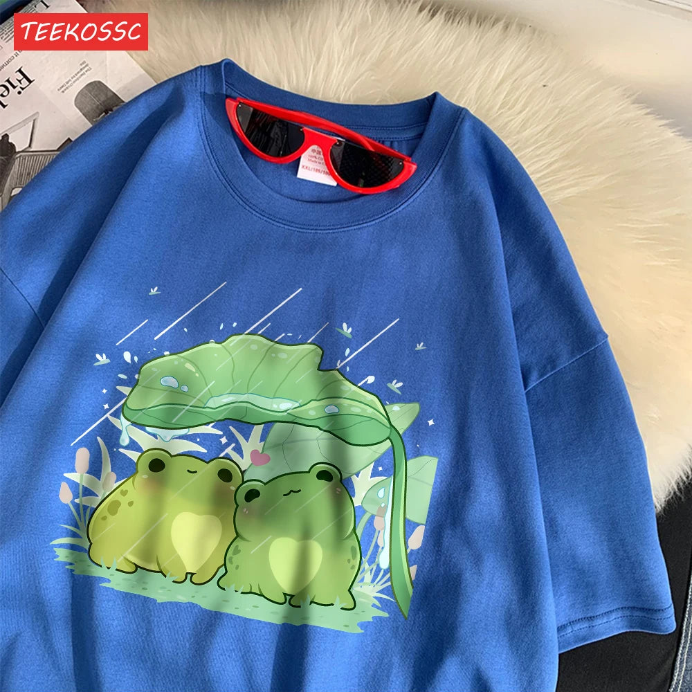 Модни памучни дамски тениски с къс ръкав и принт с две жаби, подслон от дъжда, меки, широки, с О-образно деколте, улични дамски дрехи