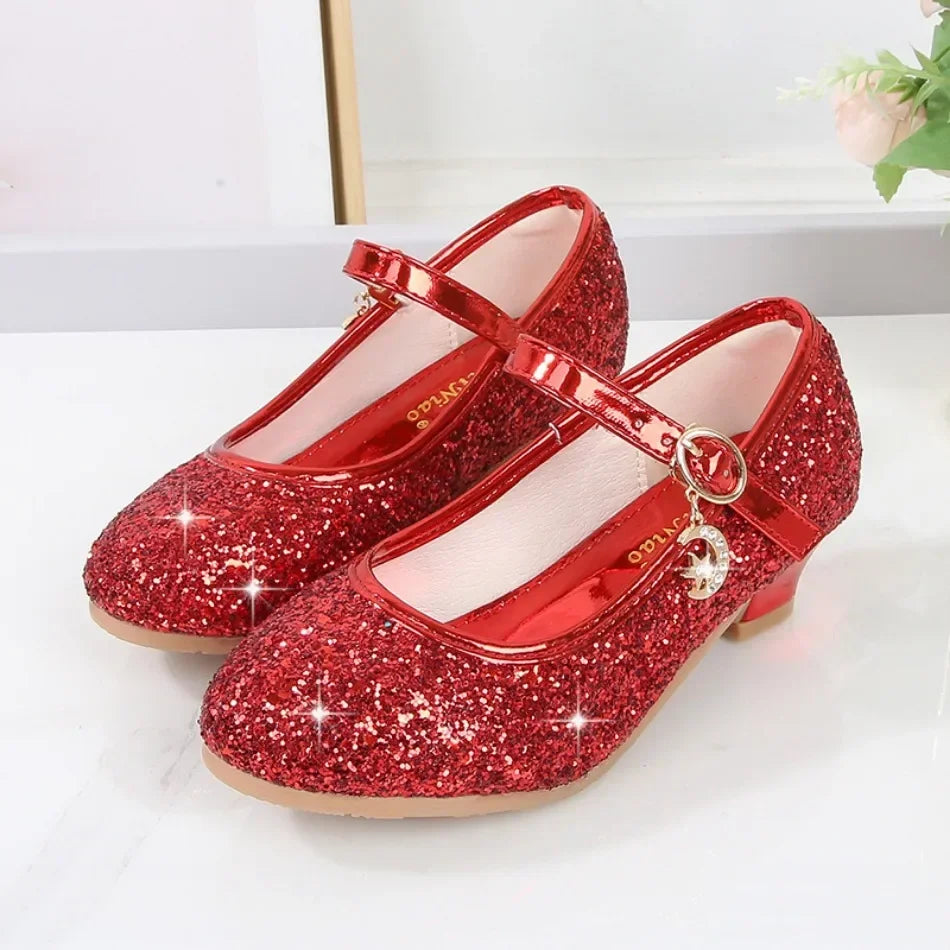Момичешки обувки, детски сандали с висок ток и блясък, кристали, модни катарами, детски принцесни танцови обувки, ученически кожени обувки