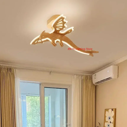 LED таванна лампа с динозавър от масивно дърво, детска стая, спалня за момче, креативна модерна анимационна декоративна лампа, летящ дракон