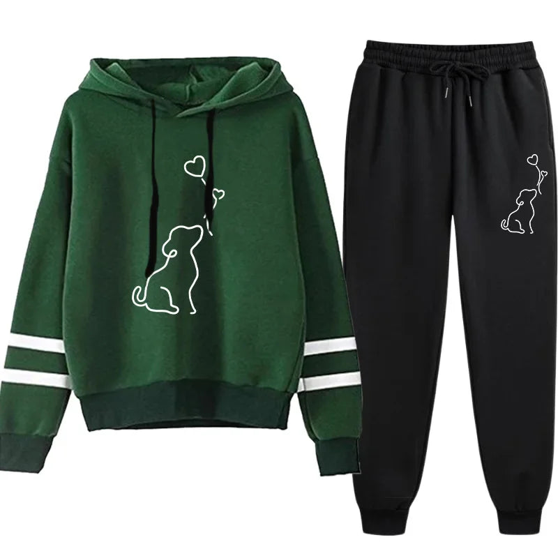 2025 Гореща разпродажба Дамски анцуг с качулка, черен анцуг, градски ежедневен, моден спортен, сладък модел, суичър с качулка, комплект джогери