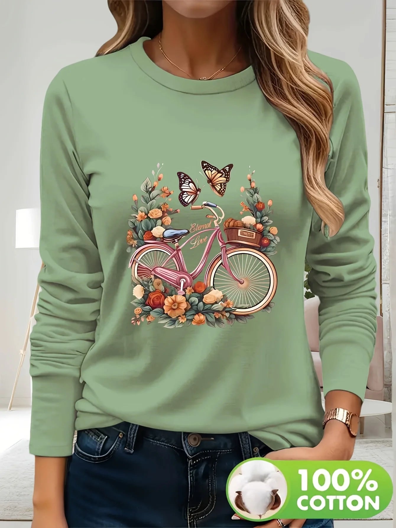 Дамска ежедневна тениска с дълъг ръкав, черна, с флорален принт на велосипеди и пеперуди, 100% памучен топ с кръгло деколте, за пролет/лято