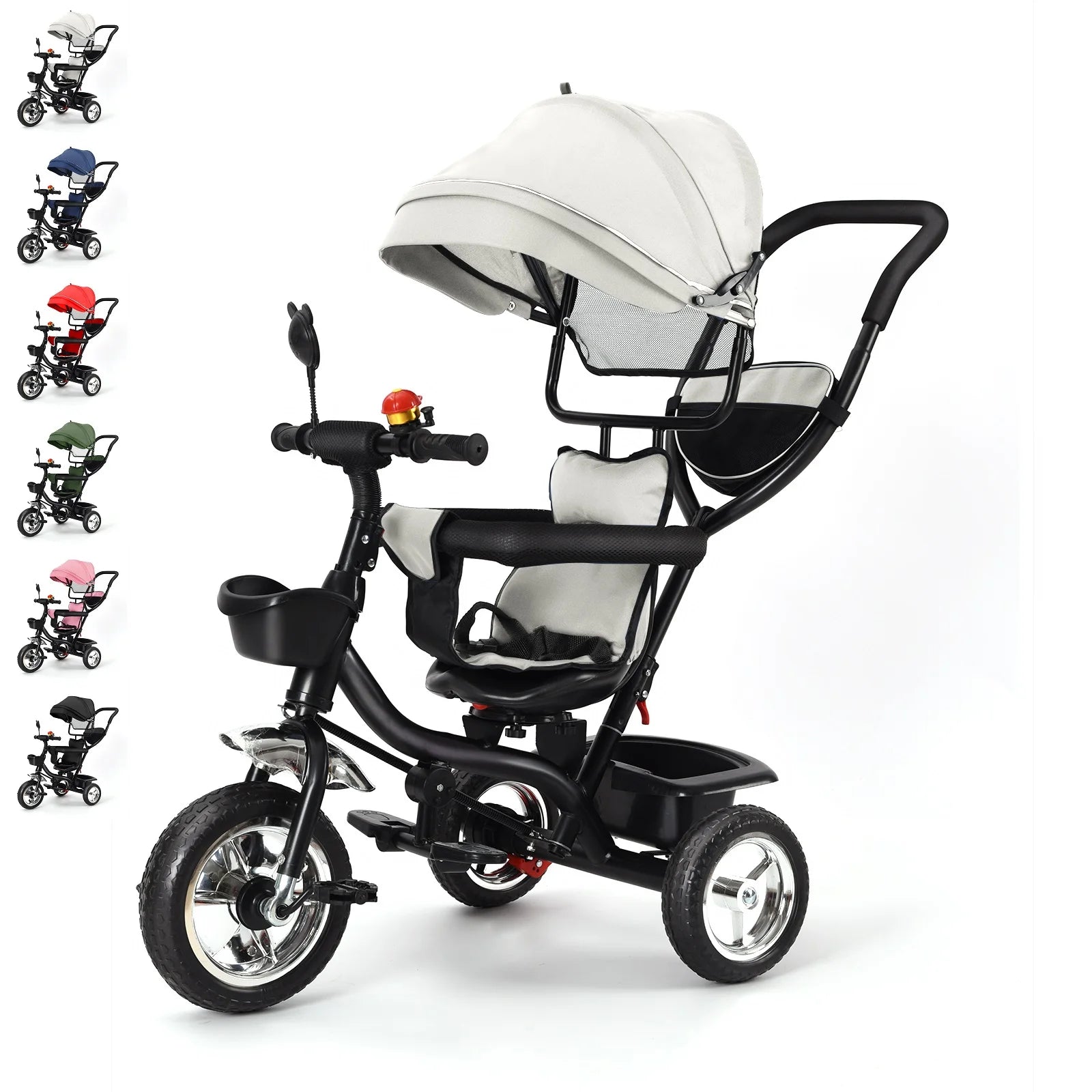 Мащабируема бебешка триколка от 1 до 5 години, велосипед за възрастни хора плюс деца, обръщаема седалка, голяма кошница и чанта, по-големи колела, с дръжка за притискане, зелено/розово/черно/червено/синьо/сиво
