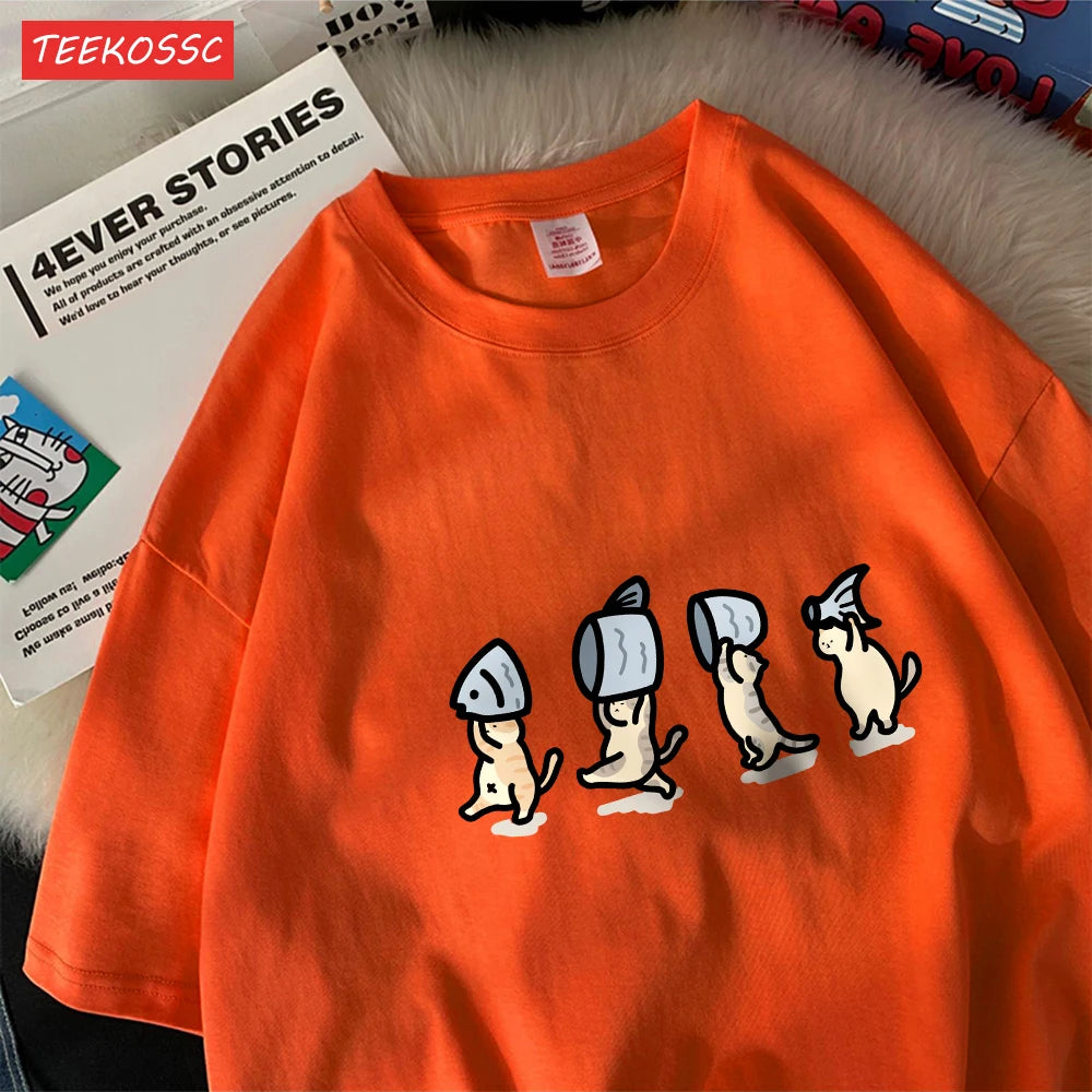 Четири малки котки, държащи рибен памук, дамски тениски с анимационни принтове, меки тениски с О-образно деколте, широки топове с къс ръкав, летни дрехи