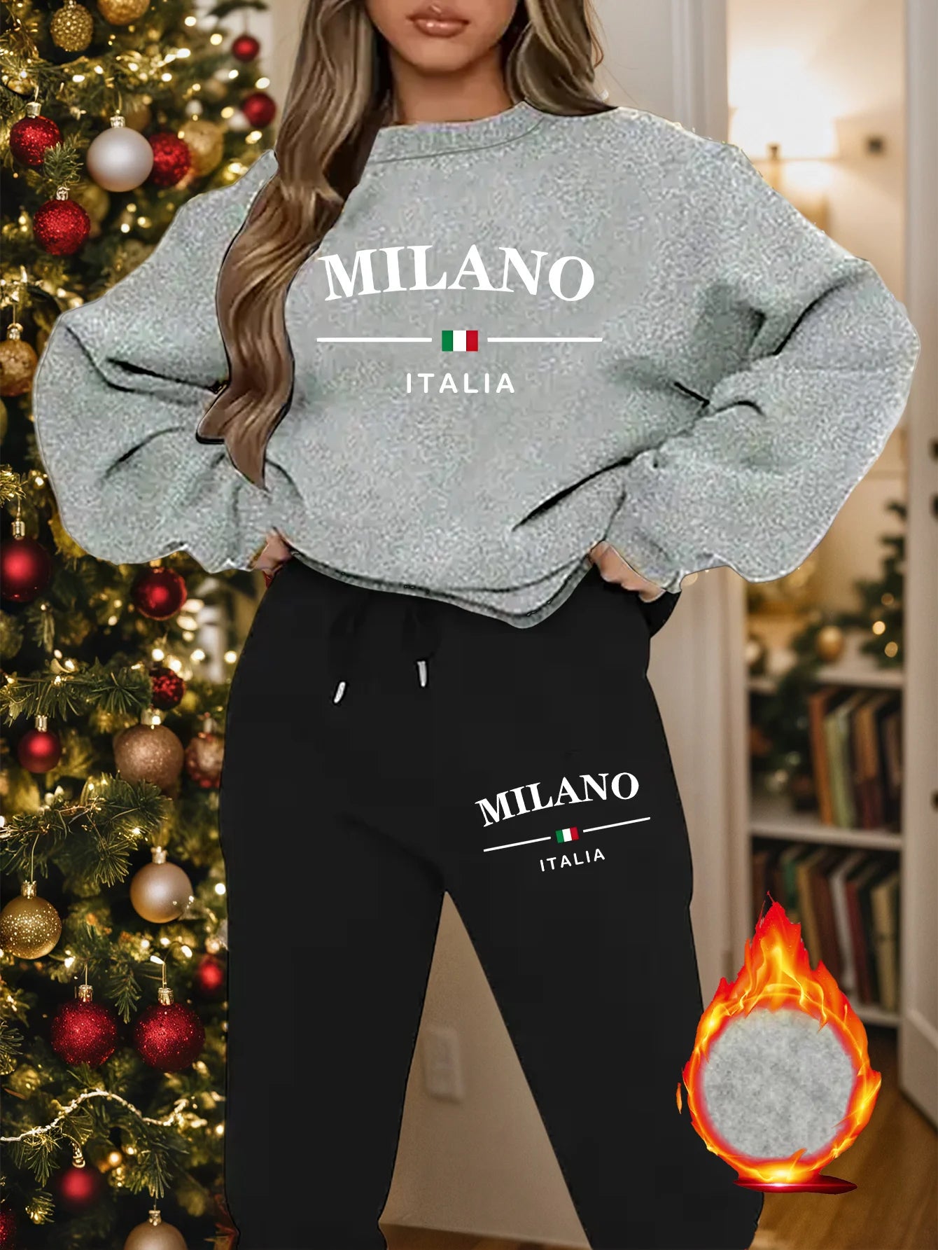Дамски есенно-зимен комплект от суитшърт с качулка и спортни панталони с щампа и плюш MILANO ITALIA, ежедневен и топъл