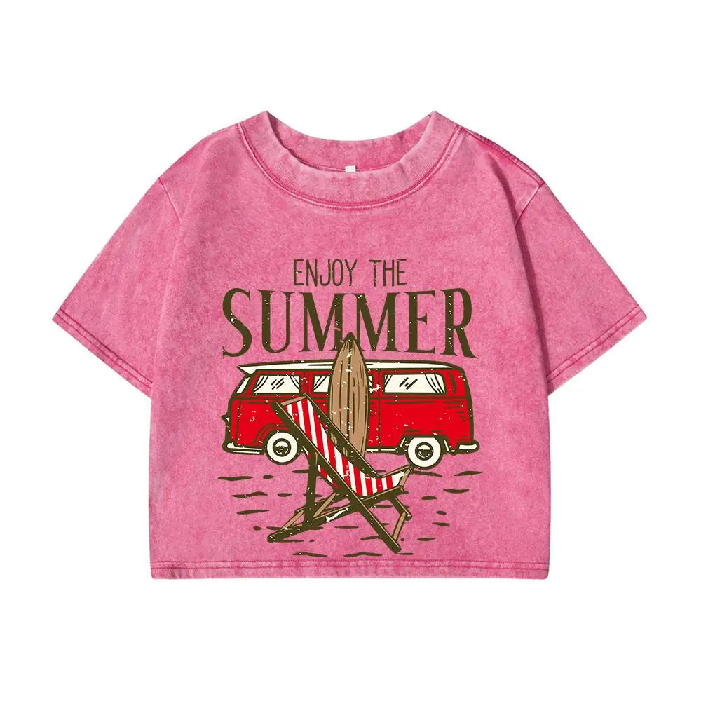 Дамски памучни тениски от пране, летни, нормални, с О-образно деколте, къси тениски, насладете се на модата, когато тя идва, щампи, топове, улични дрехи