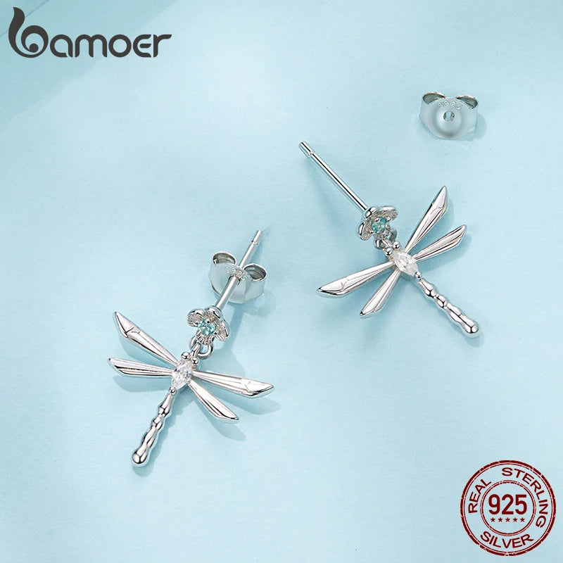 BAMOER Сребърни обеци 925 с форма на зелено водно конче, летни хипоалергенни обеци с капачки за жени и момичета, прекрасен подарък