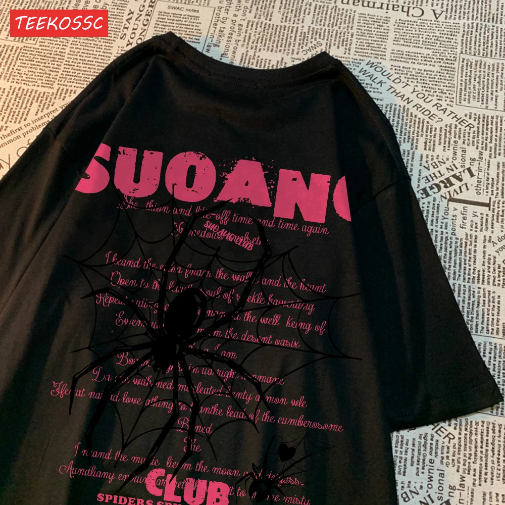 Модни памучни дамски тениски Suo Ang Club Spider Print Tops Oversize O-neck Soft Short Sleeve Summer Casual Damske Dress