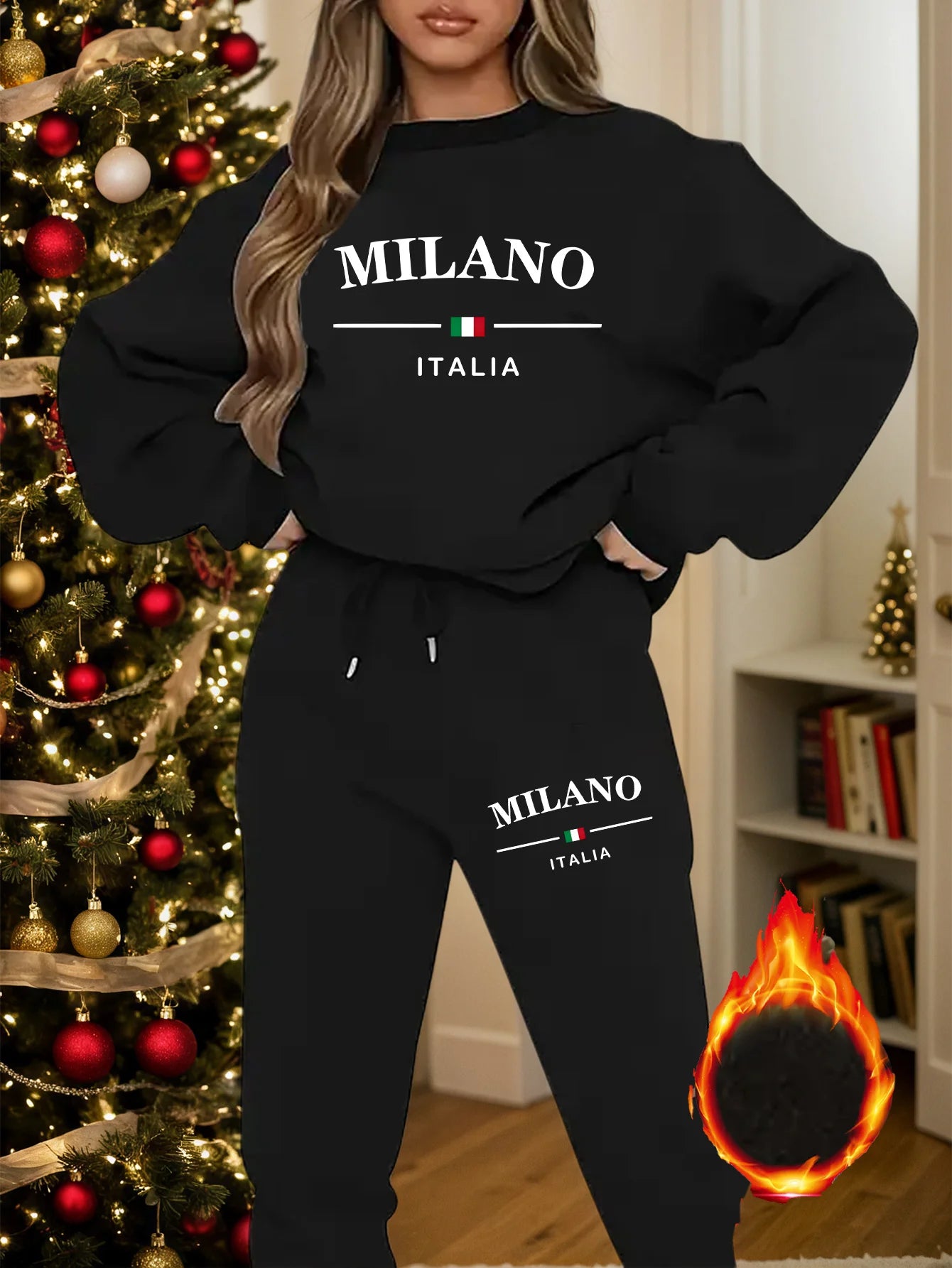 Дамски есенно-зимен комплект от суитшърт с качулка и спортни панталони с щампа и плюш MILANO ITALIA, ежедневен и топъл