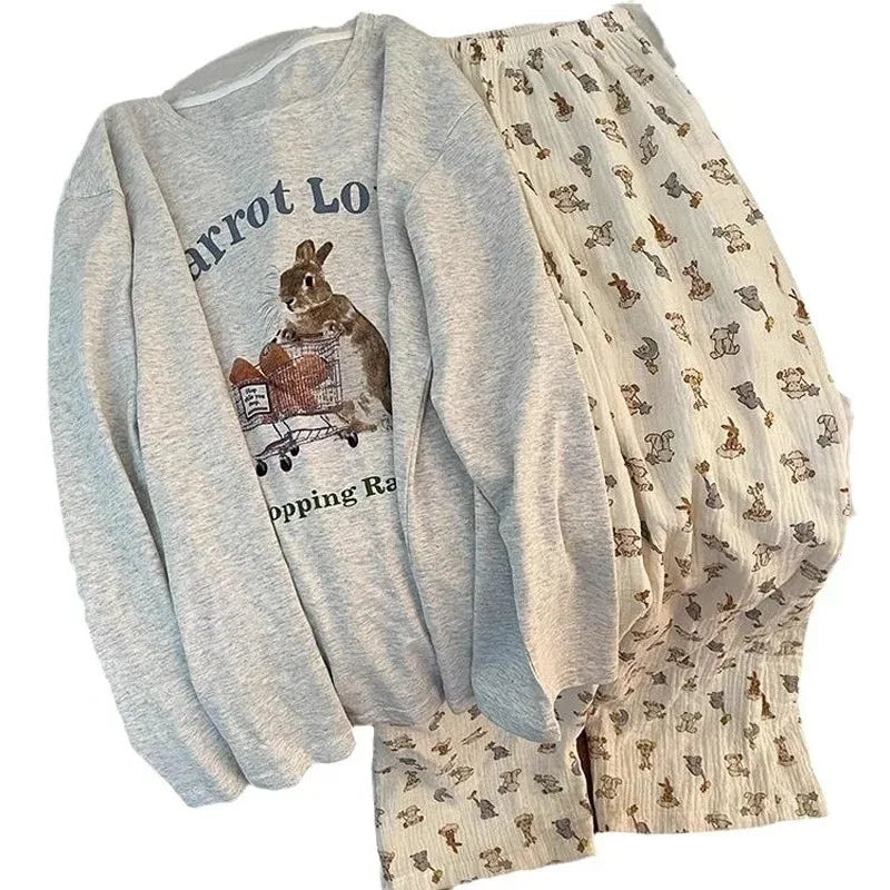 Пролетни и есенни нови дамски стил пижами комплект домашно облекло за момичета студентки корейски сладки пижами широки пижами комплект домашно облекло