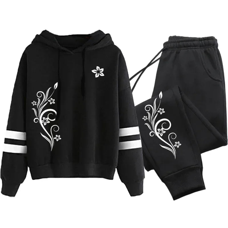 Качествен дамски анцуг, ежедневен, на открито, есенно-зимни, суитшърт с качулки, ежедневен, еднокомпонентен, раиран, суитшърт и спортни панталони, удобни за джогинг