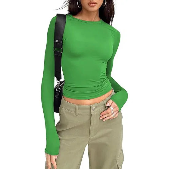 1 бр. Four Seasons Модна дамска тениска с дълъг ръкав, кръгло деколте, плътна, слим кройка, дамски къс топ, ежедневно улично облекло, потници