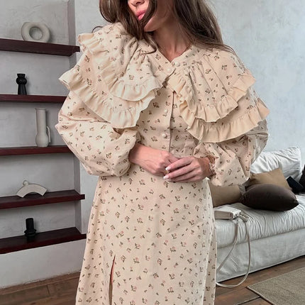 Дамски комплект от две части Clacive Fashion Loose Print 2025, елегантна риза с дълъг ръкав и висока талия, пола до глезена