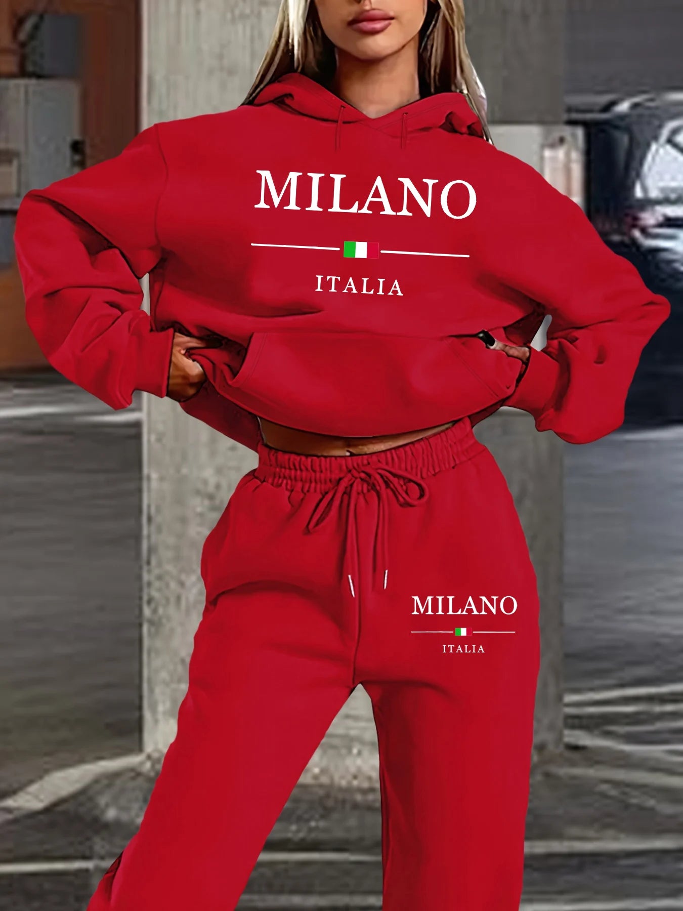 Дамски есенно-зимен комплект от суитшърт с качулка и спортни панталони с щампа и плюш MILANO ITALIA, ежедневен и топъл