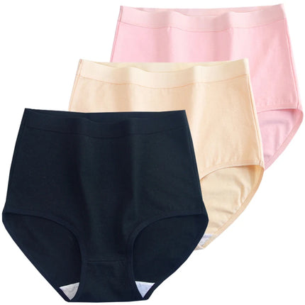 3 бр. памучни дамски бикини, дамско бельо с голям размер, голям размер, висока талия, дишащо едноцветно дамско бельо